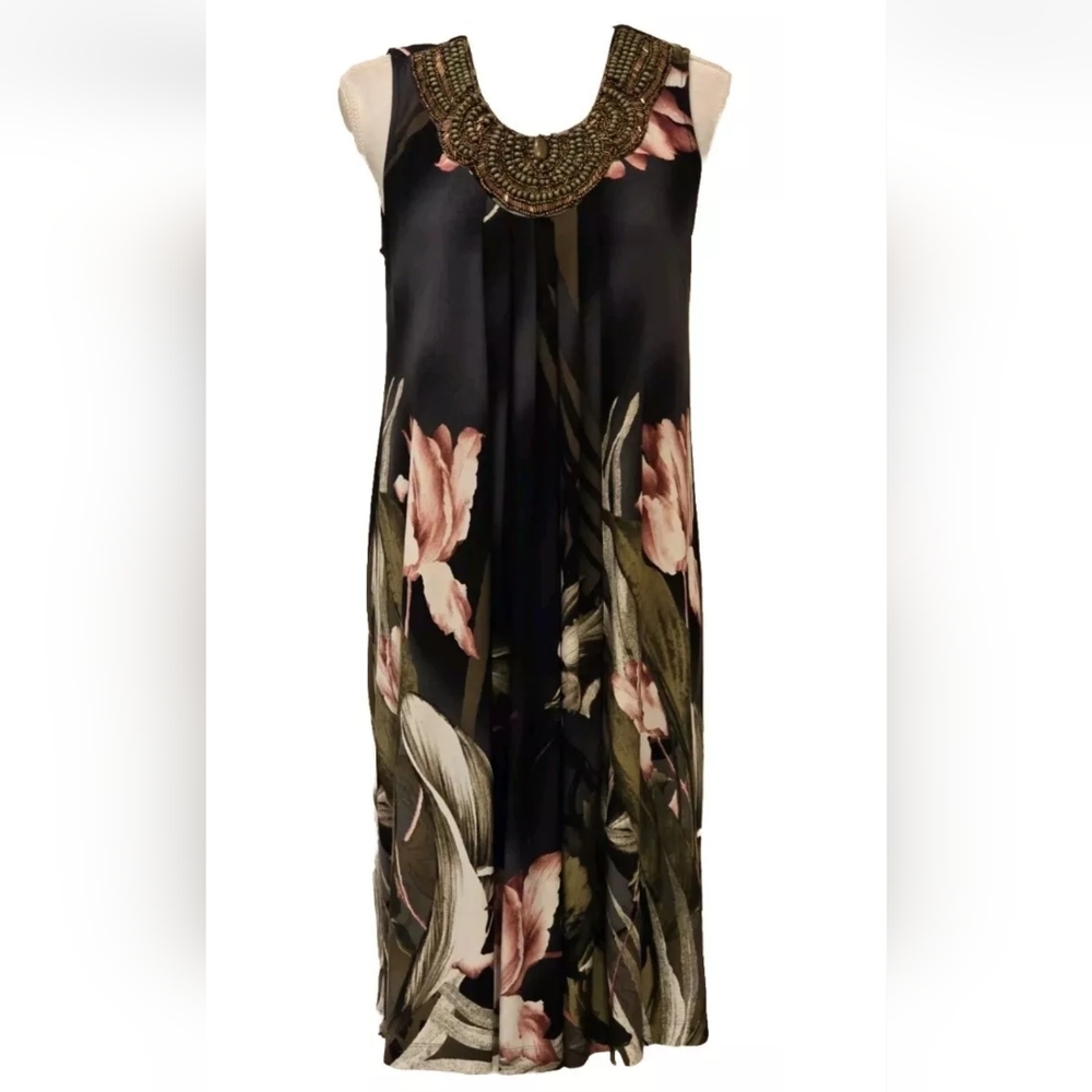Dress Barn Black Floral Sleeveless Beaded  Embellished Neckline Dress 10 Office